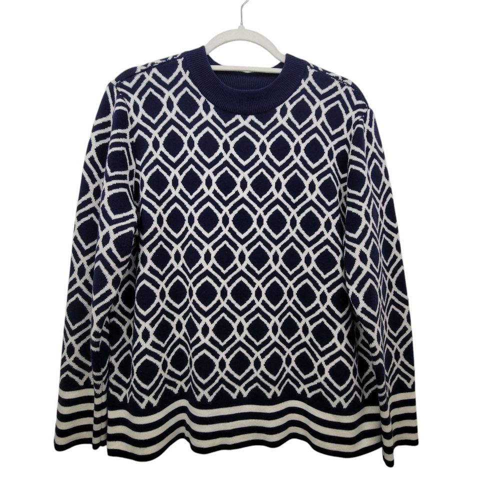 Anne Klein Blue And White Geometric Pattern Knit Sweater Size Large